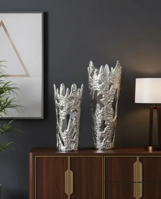 Aluminum Contemporary Vases Silver (Set of 2)